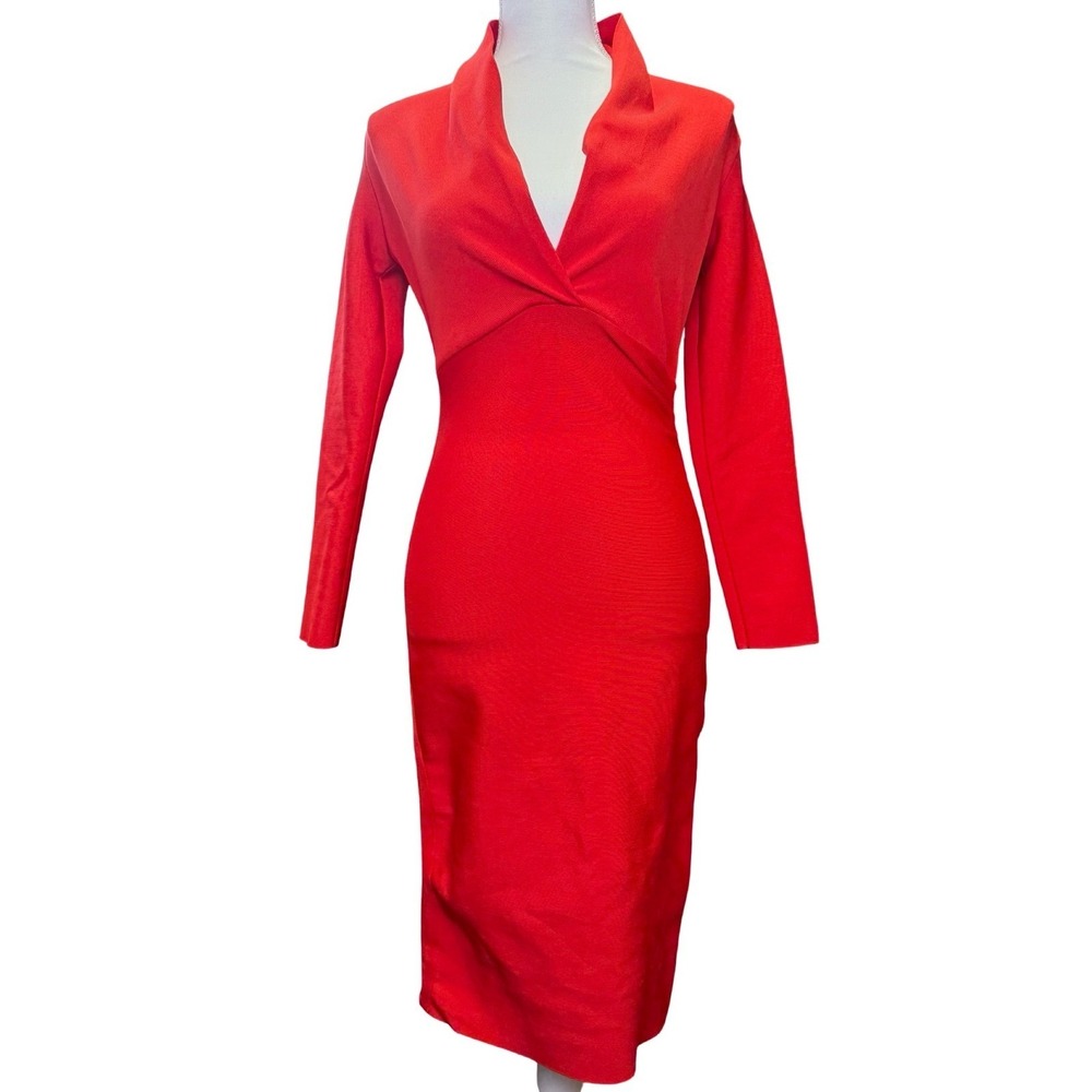 Red Bodycon Midi Dress Long Sleeve V Neck Ruched Cocktail Sheath M